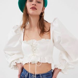 For Love and Lemons White Lace-up Long Sleeve Crop Top